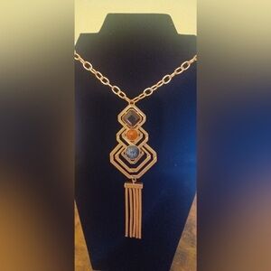 Mia 22” Pendant Necklace Tri Colored Gems & Earrings Gold Fringe